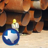 texas map icon and a municipal engineer with iron sewer pipes